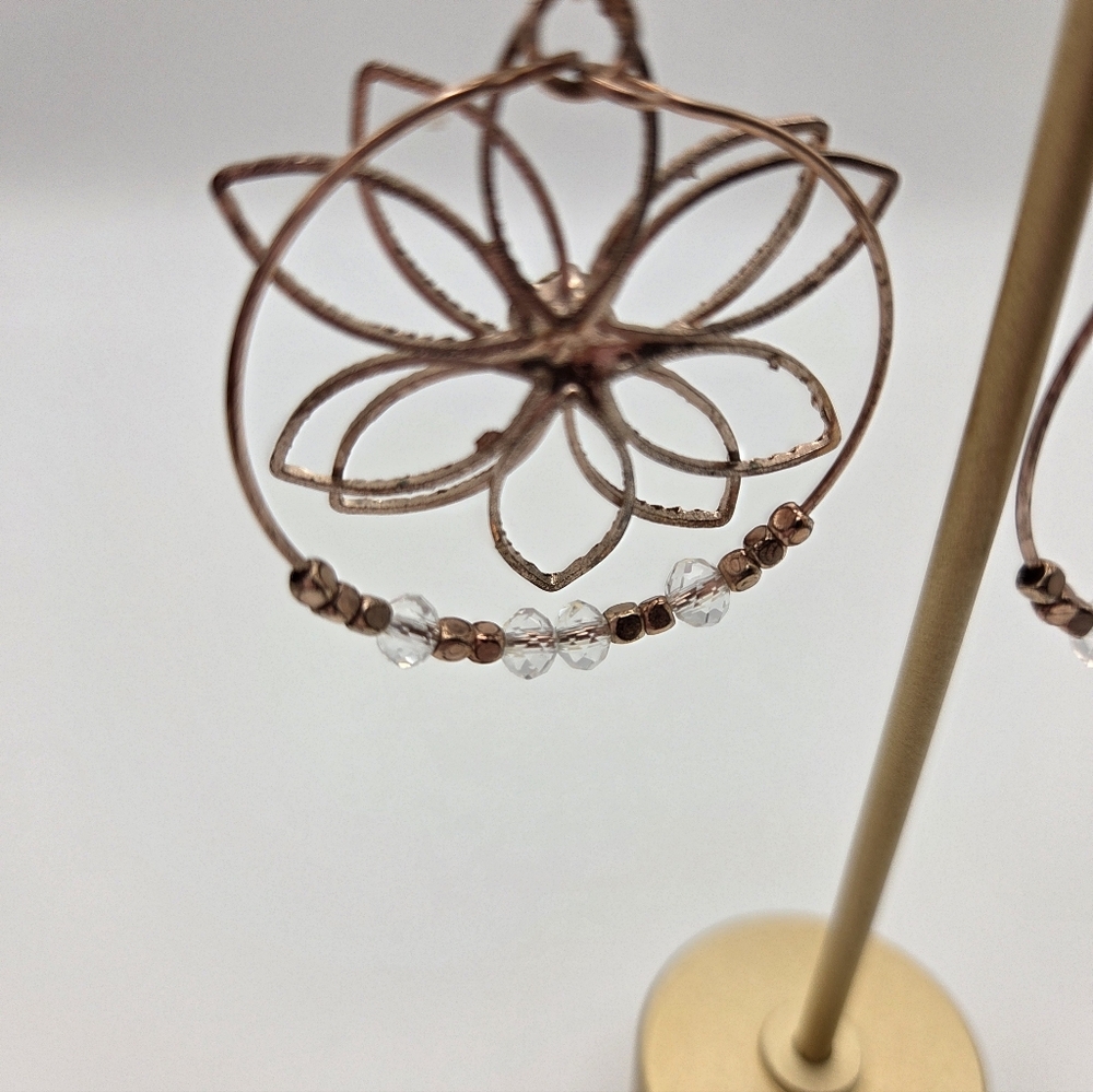Adornia Rose Gold Wire Flower Circle Rhinestone Crystal Beads Dangle Earrings - Picture 6 of 8